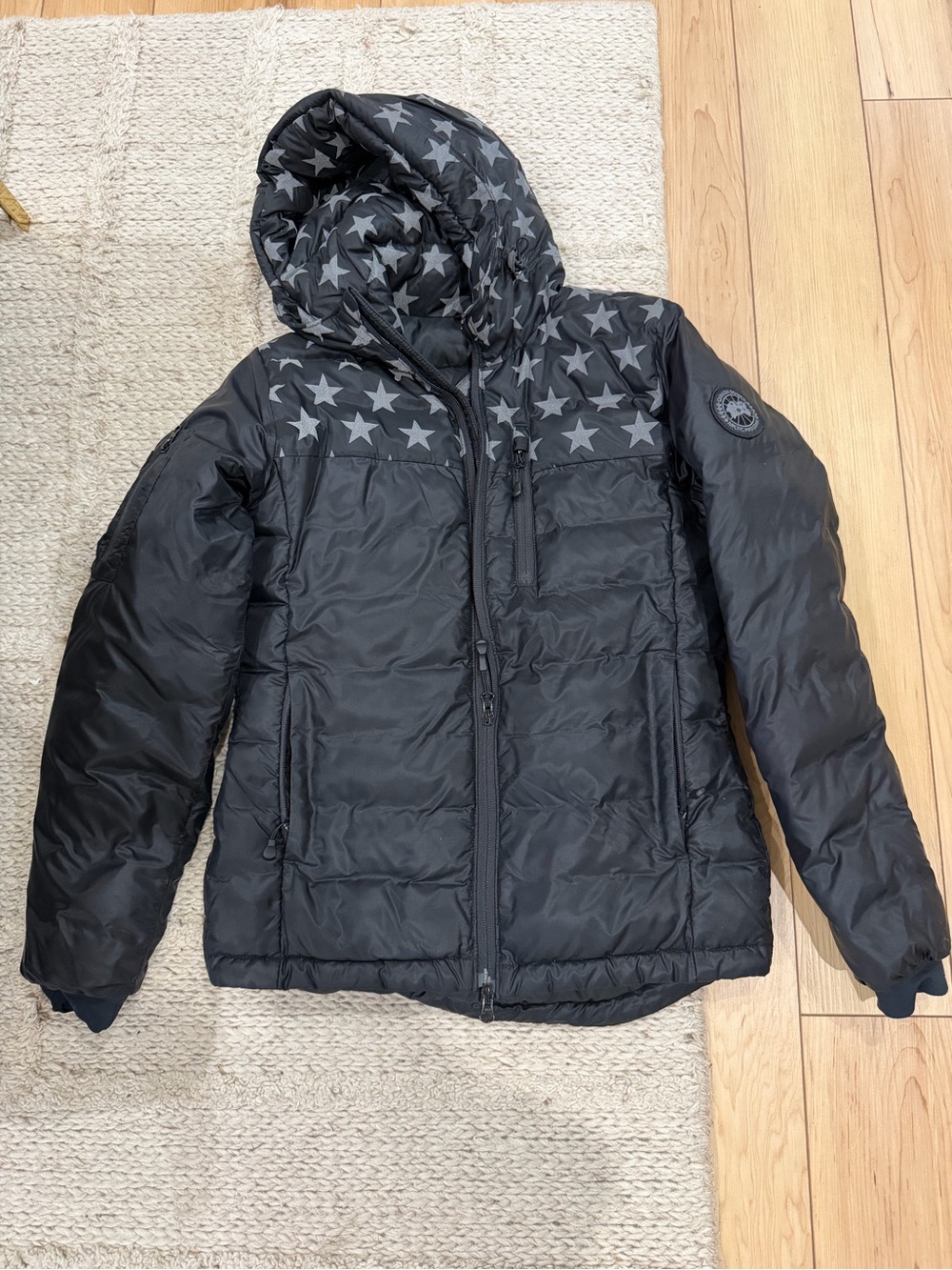 Canada Goose women’s Black Star-Print Hooded Puffer Jacket